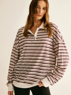 Contrast Trim Striped Polo Sweatshirt
