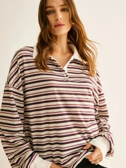 Contrast Trim Striped Polo Sweatshirt