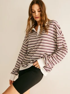 Contrast Trim Striped Polo Sweatshirt