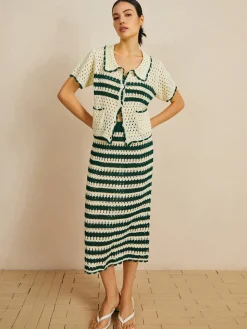 Contrast Trim Striped Skirt Set