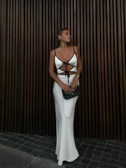 Contrast Trim Tie-Front Long Dress