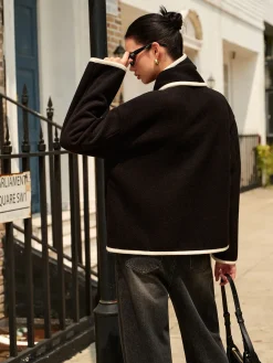 Contrast Trim Wool Coat With Scarf