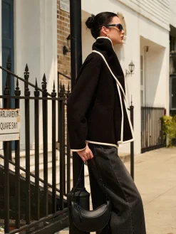 Contrast Trim Wool Coat With Scarf