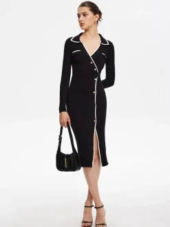 Contrast Trim Wrap Midi Knit Dress