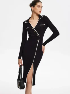 Contrast Trim Wrap Midi Knit Dress