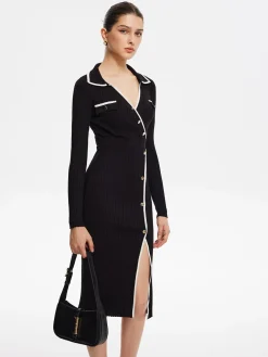 Contrast Trim Wrap Midi Knit Dress