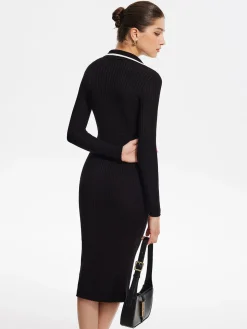 Contrast Trim Wrap Midi Knit Dress