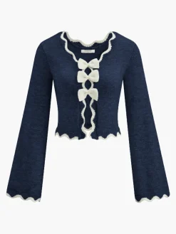 Contrast Wave Trim Bow Sweater