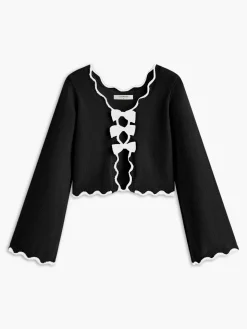 Contrast Wave Trim Bow Sweater