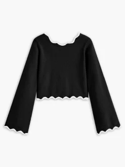 Contrast Wave Trim Bow Sweater