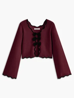 Contrast Wave Trim Bow Sweater