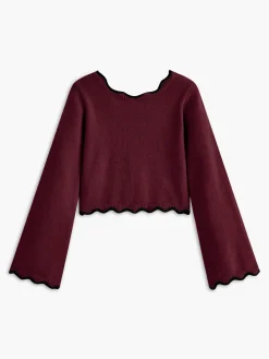 Contrast Wave Trim Bow Sweater