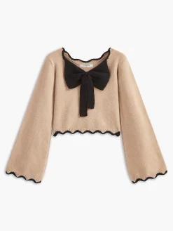 Contrast Wave Trim Bow Sweater