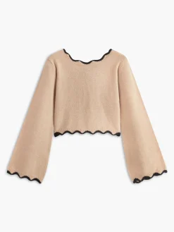 Contrast Wave Trim Bow Sweater