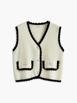 Contrast Wave Trim Breasted Sweater Vest