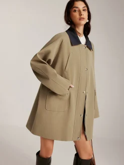 Contrast-Collar Zipper Loose Trench Coat