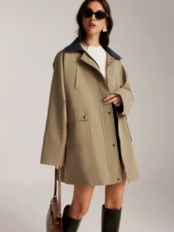 Contrast-Collar Zipper Loose Trench Coat