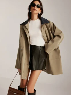 Contrast-Collar Zipper Loose Trench Coat