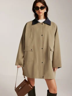 Contrast-Collar Zipper Loose Trench Coat
