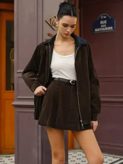 Corduroy Pleated Mini Skirt Without Belt