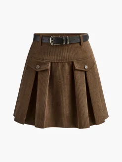 Corduroy Pleated Skirt With Belt