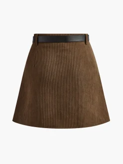 Corduroy Pleated Skirt With Belt