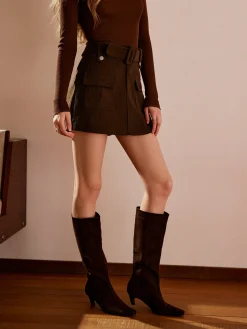 Corduroy Pockets Belted Skort