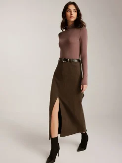Corduroy Split Belted Midi Skirt