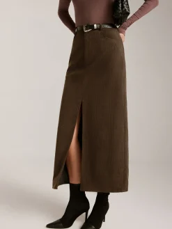 Corduroy Split Belted Midi Skirt