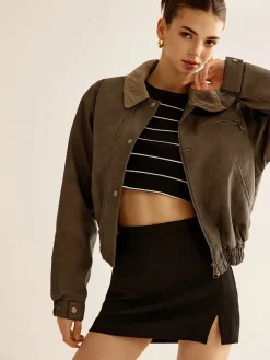 Corduroy-Collar PU Leather Jacket