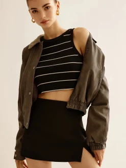 Corduroy-Collar PU Leather Jacket