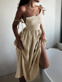 Cotton & Linen Backless Long Dress