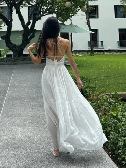 Cotton & Linen Backless Knotted Cami Long Dress