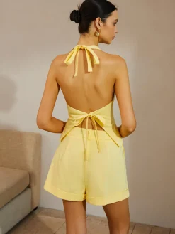 Cotton & Linen Backless Tie Back Shorts Set