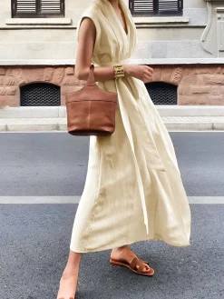 Cotton & Linen Belted Sleeveless Long Dress