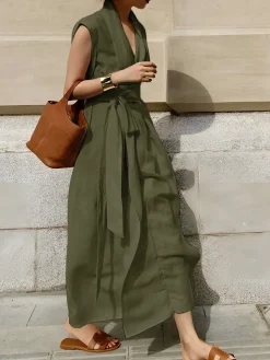 Cotton & Linen Belted Sleeveless Long Dress