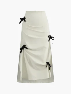 Cotton & Linen Bow Decor Split Midi Skirt