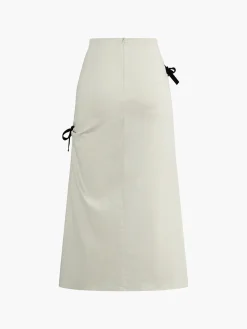 Cotton & Linen Bow Decor Split Midi Skirt
