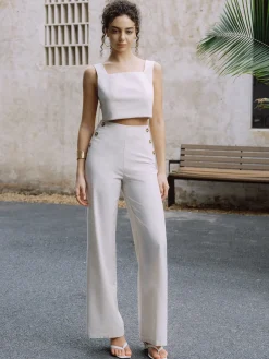 Cotton & Linen Button Decor Tank Top With Straight Leg Pants Set