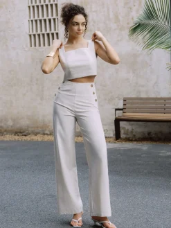 Cotton & Linen Button Decor Tank Top With Straight Leg Pants Set
