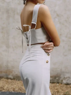 Cotton & Linen Button Decor Tank Top With Straight Leg Pants Set