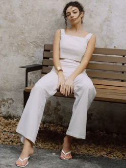 Cotton & Linen Button Decor Tank Top With Straight Leg Pants Set