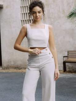 Cotton & Linen Button Decor Tank Top With Straight Leg Pants Set