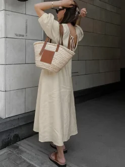 Cotton & Linen Button-Front Knotted Long Dress