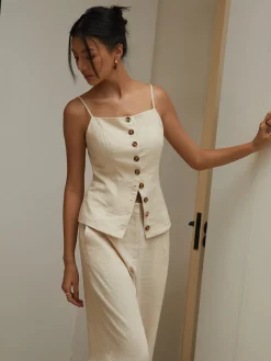Cotton & Linen Cami Top with Straight Leg Pants Set