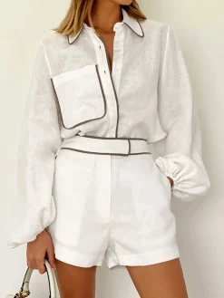 Cotton & Linen Contrast Trim Two Piece Shorts Set