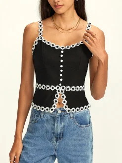 Cotton & Linen Daisy Trim Split Cami Top