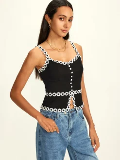 Cotton & Linen Daisy Trim Split Cami Top