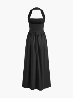 Cotton & Linen Halter A Line Long Dress