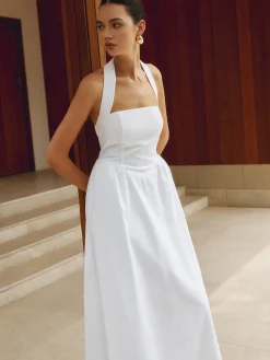 Cotton & Linen Halter A Line Long Dress